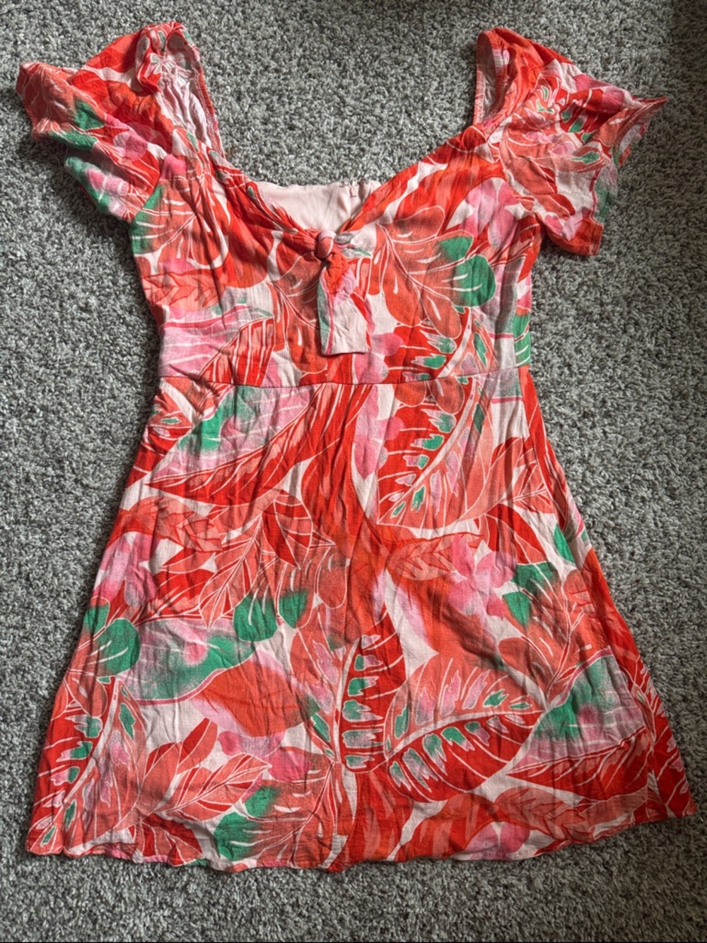 GB Coral Tropical Leaf Print Flutter Sleeve Mini Dress